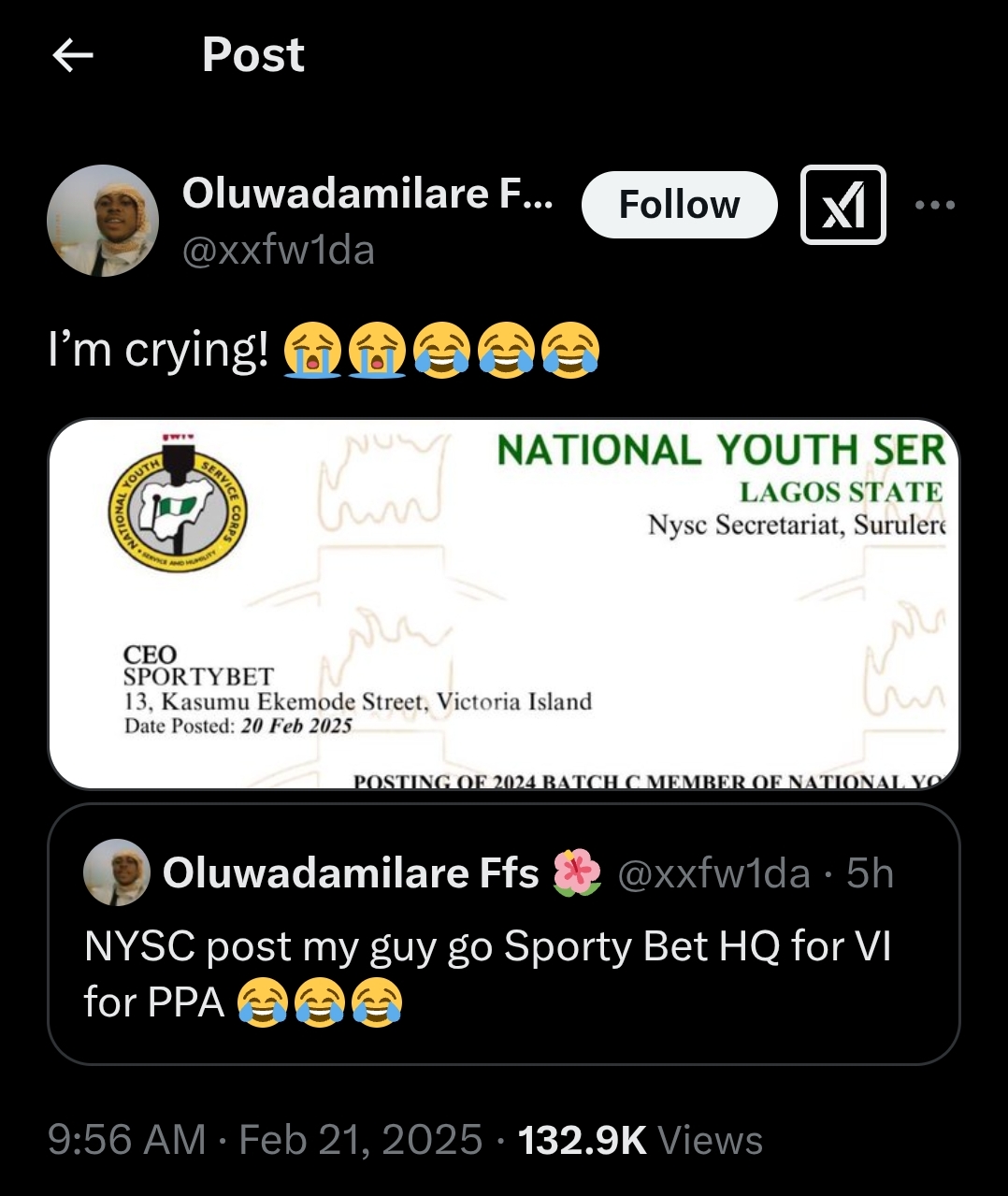 Man can’t believe his eyes as NYSC Posts Friend to SportyBet Headquarters for PPA –